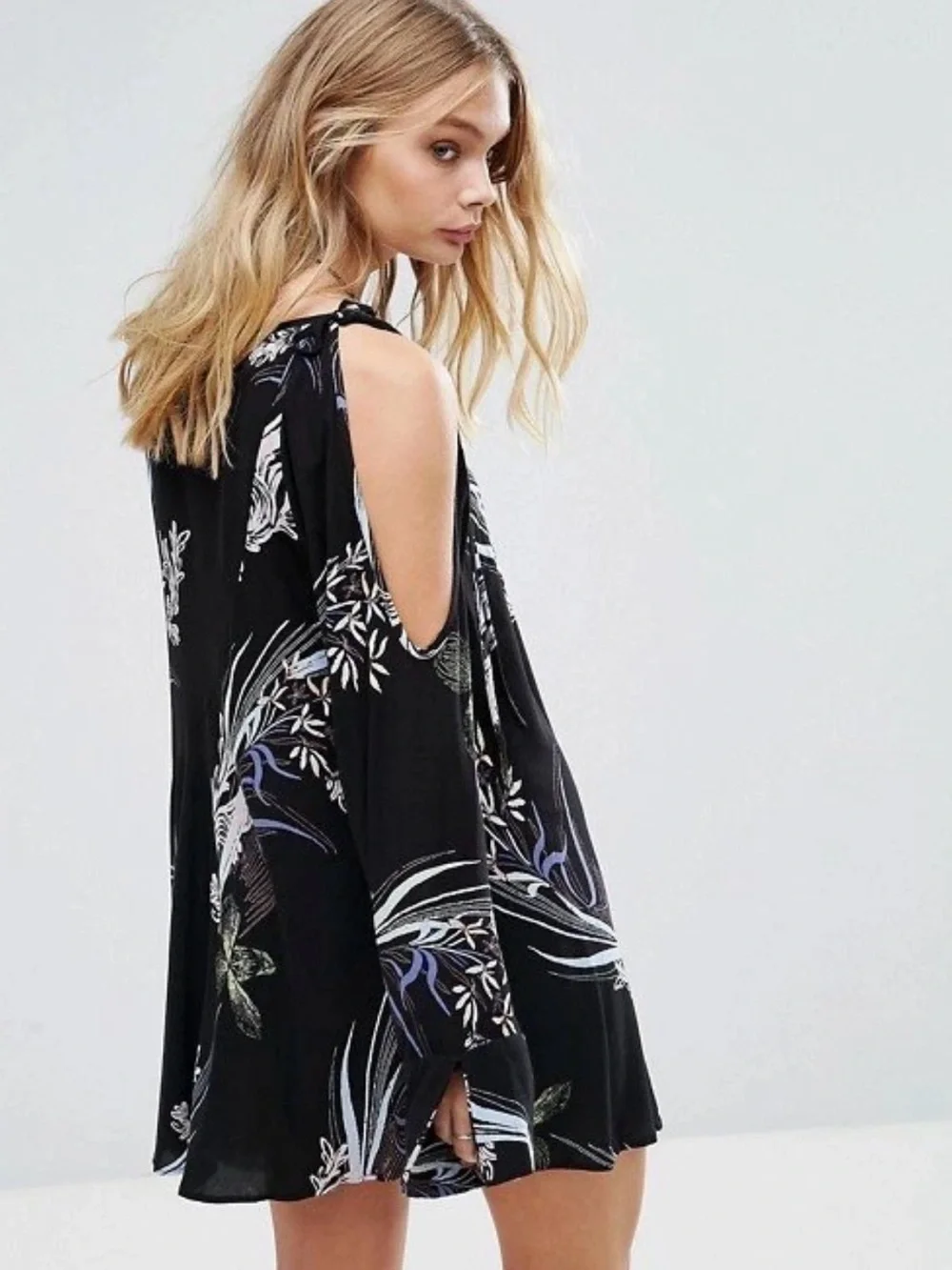 Free People Clear Skies Cold-Shoulder Black Floral Swing Dress/Tunic